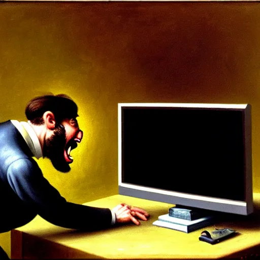 Image similar to an angry man yells at his computer monitor, oil on canvas, 1 8 8 3, highly detailed