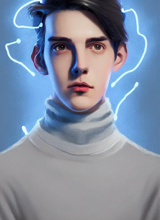 Image similar to portrait of teenage jughead jones, wearing a light grey crown, light grey crown, blue turtleneck sweater 1 9 5 0 s, intricate, elegant, glowing lights, highly detailed, digital painting, artstation, concept art, smooth, sharp focus, illustration, art by wlop, mars ravelo and greg rutkowski