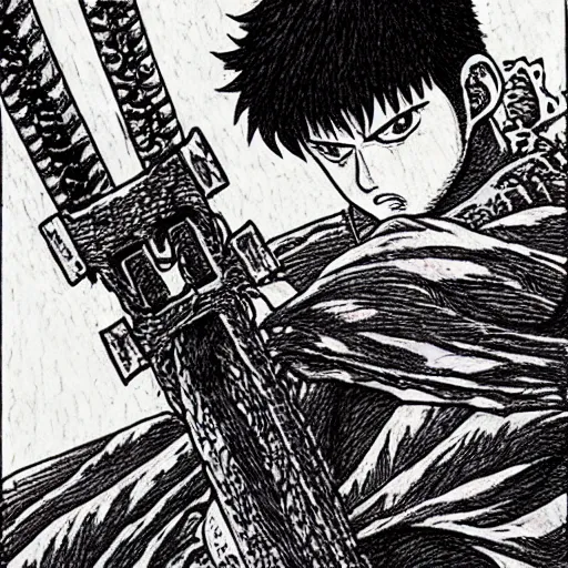 Image similar to Guts, Berserk, in the style of kentaro miura, very detailed, masterpiece, award winning, greatsword, coloured, manga