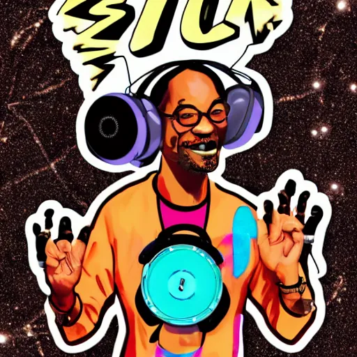 Image similar to svg sticker of a Dancing-Ben-Harper-Snoop-Spike-Lee-with-a-large-Afro-Puff, at a rave, spinning records, giant headphones rocking out, wearing headphones, huge speakers, dancing, rave, DJ, spinning records, digital art, amazing composition, rule-of-thirds, award-winning, trending on artstation, featured on deviantart