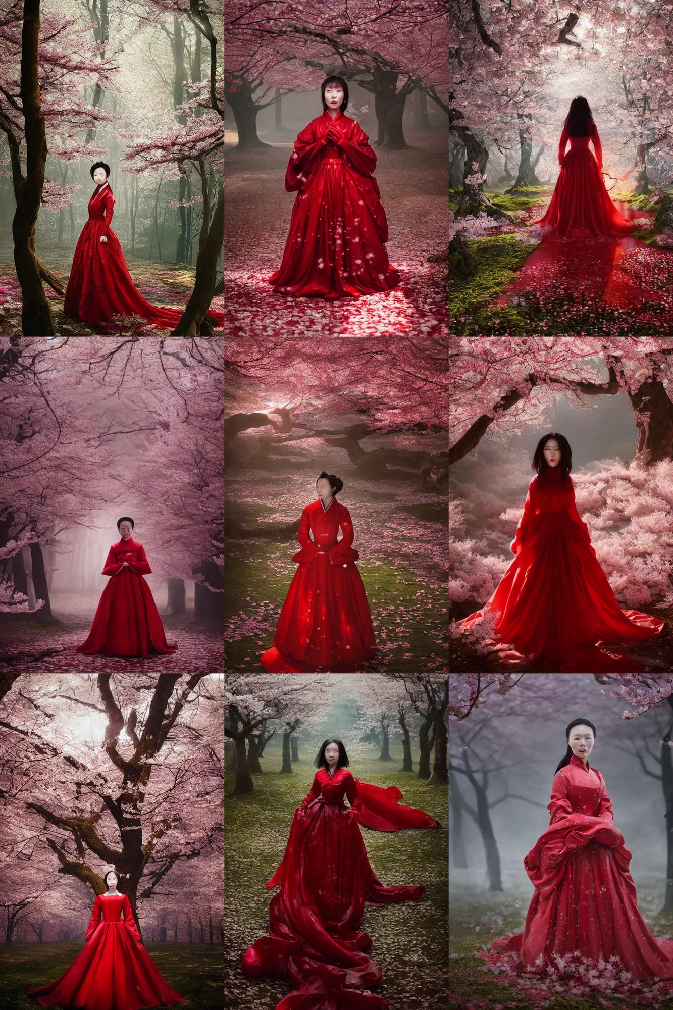 Prompt: portrait of a chinese women in a red wedding dress, in a cherry blossom forest by greg rutkowski, josan gonzalez, rodin, michelangelo, cinematography by christopher nolan. imaginative, creative, fantasy character, realistic, photographic, cinematic lighting, dappled sunshine, volumetric rays, octane render