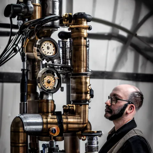 Image similar to A random pointless contraption industrial appliance pneumatic steampunk machine with no apparent purpose, being operated by a scholarly looking man with a clear directed gaze, XF IQ4, f/1.4, ISO 200, 1/160s, 8K, RAW, unedited, symmetrical balance, in-frame