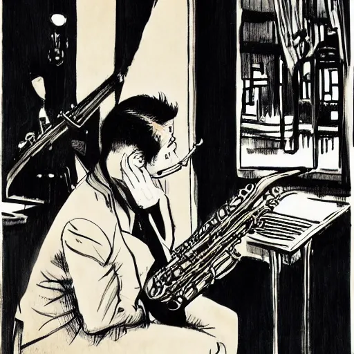 Image similar to saxophone player in a jazz cafe in tokyo by bernie wrightson