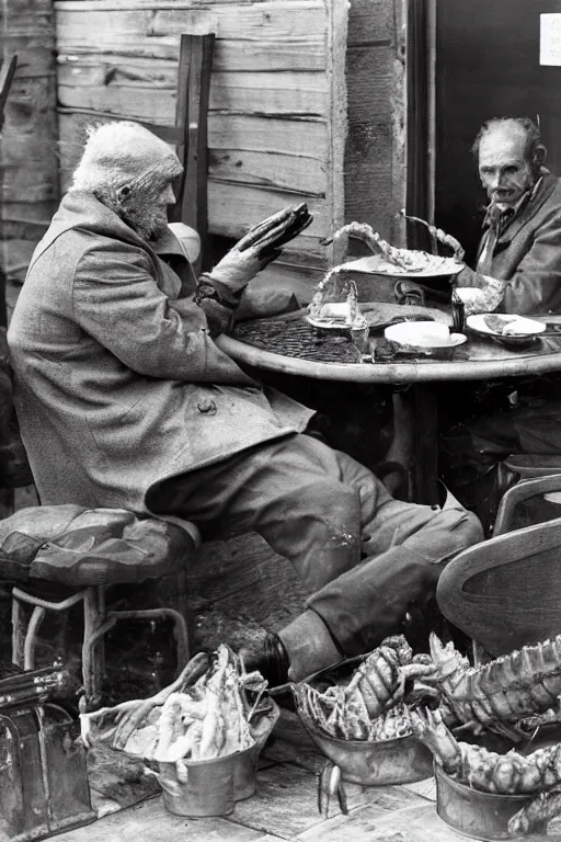 Prompt: the gortons fisherman at red lobster eating a lobster, in the style of eugene atget and peter witkin