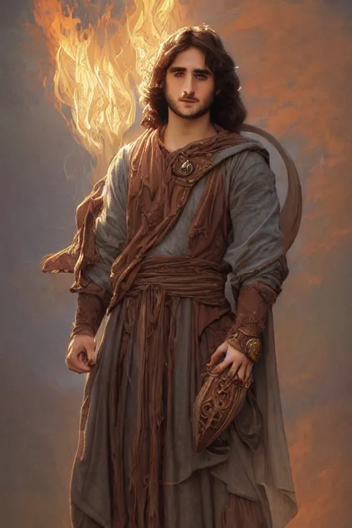 Image similar to Diego Boneta, druid, cleric, flame spell, burning hands, bicpes, muscular, D&D, fantasy, intricate, cinematic lighting, highly detailed, beautiful, digital painting, artstation, masterpiece, concept art, smooth, sharp focus, illustration, art by Artgerm and Greg Rutkowski and Alphonse Mucha and william-Adolphe Bouguereau