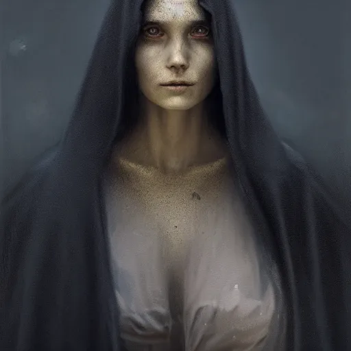 Image similar to a portrait of a young woman wearing a long dark cloak, hood and shadows covering face, anatomically correct, beautiful perfect face, enigmatic, oil painting, matte painting, black background, Volumetric Golden dappled dynamic lighting, Highly Detailed, Cinematic Lighting, Unreal Engine, 8k, HD, by Beksinski