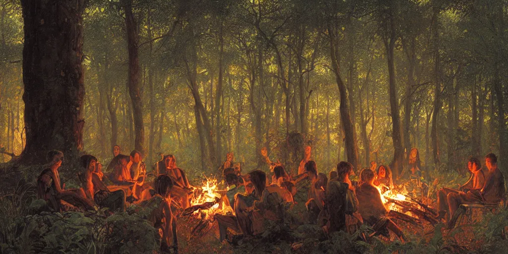 Image similar to lourmarin, dense forest, dusk, sunset, campfire, horizontal symmetry inception good composition artstation illustration sharp focus, vista painted by ruan jia raymond swanland lawrence alma tadema zdzislaw beksinski norman rockwell tom lovell alex malveda greg staples