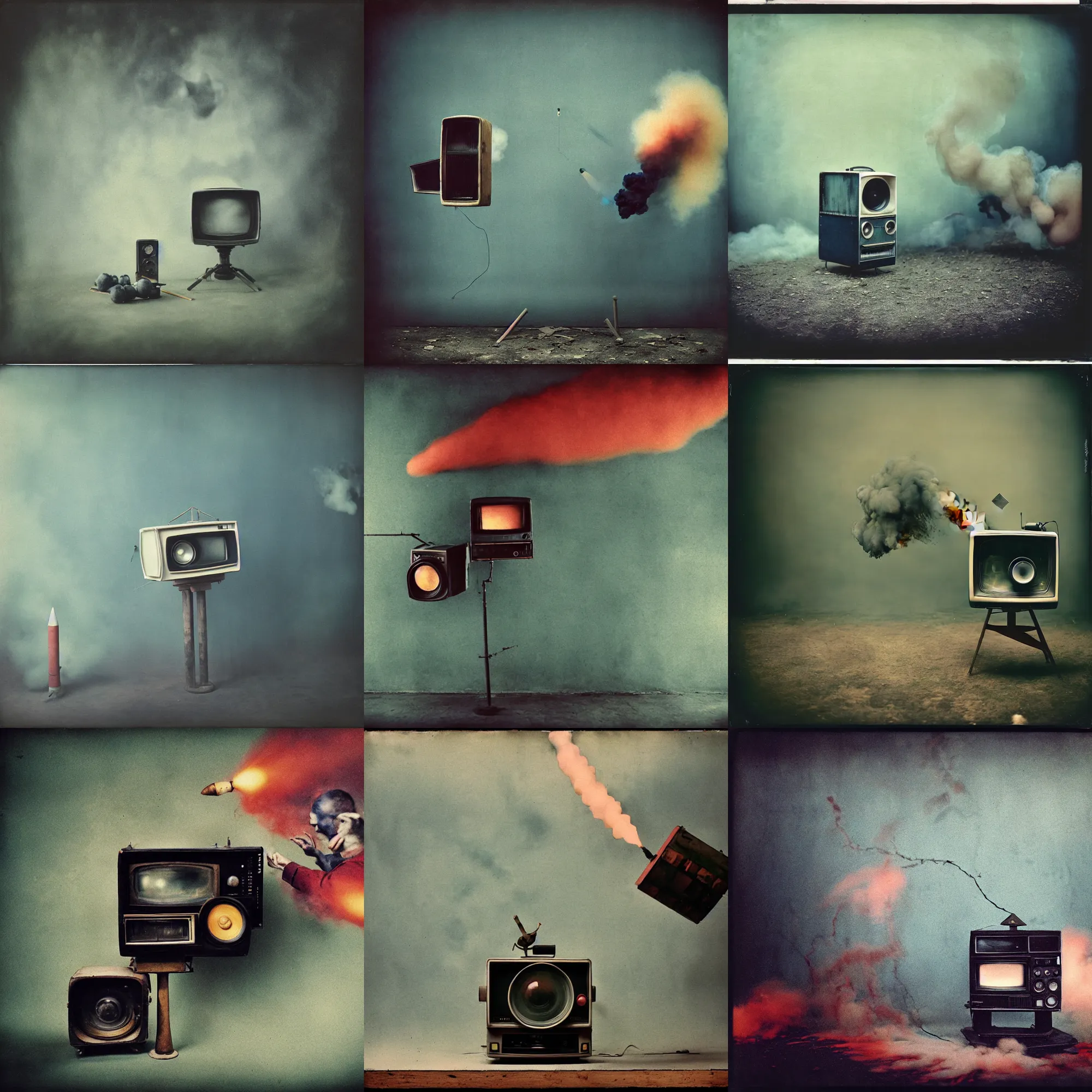 Prompt: kodak portra 4 0 0, wetplate, vintage television, muted colours, blueberry, 1 9 2 0 s style, motion blur, portrait photo of a backdrop, explosions, rockets, bombs, concrete, wood, fog, by georges melies and by britt marling