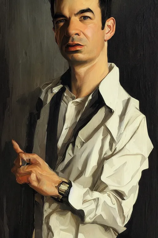 Image similar to nathan fielder, painting by jc leyendecker!! phil hale!, angular, brush strokes, painterly, vintage, crisp