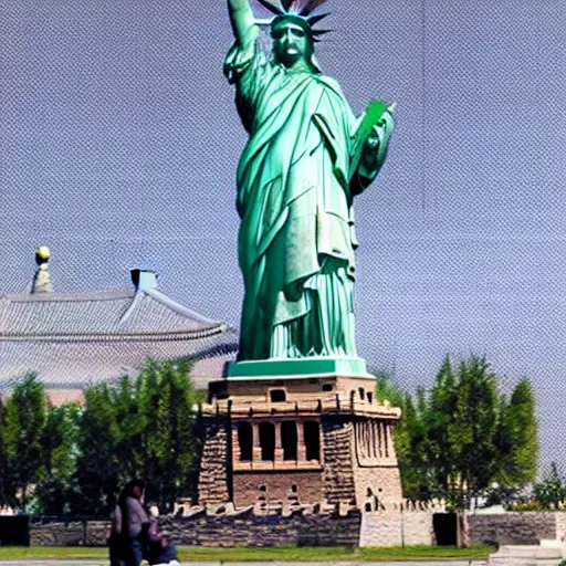 Image similar to photo of the statue of liberty as a chinese in beijing, coper cladding