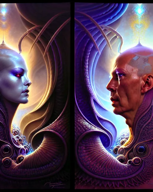 Image similar to a portrait of gemini light and dark fantasy character portrait made of fractals facing each other, ultra realistic, wide angle, intricate details, the fifth element artifacts, highly detailed by peter mohrbacher, hajime sorayama, wayne barlowe, boris vallejo, aaron horkey, gaston bussiere, craig mullins