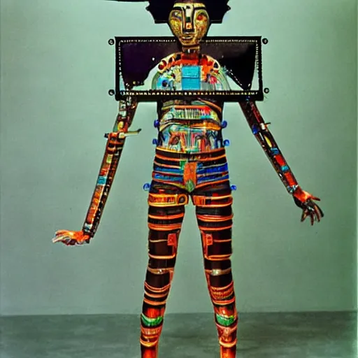 Prompt: A Mayan cyborg, by Nam June Paik, Man Ray, Annie Liebovitz