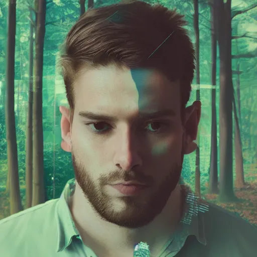 Prompt: A double exposure of a man and a forest, digital art, pastel colours, vibrant, 8k render.