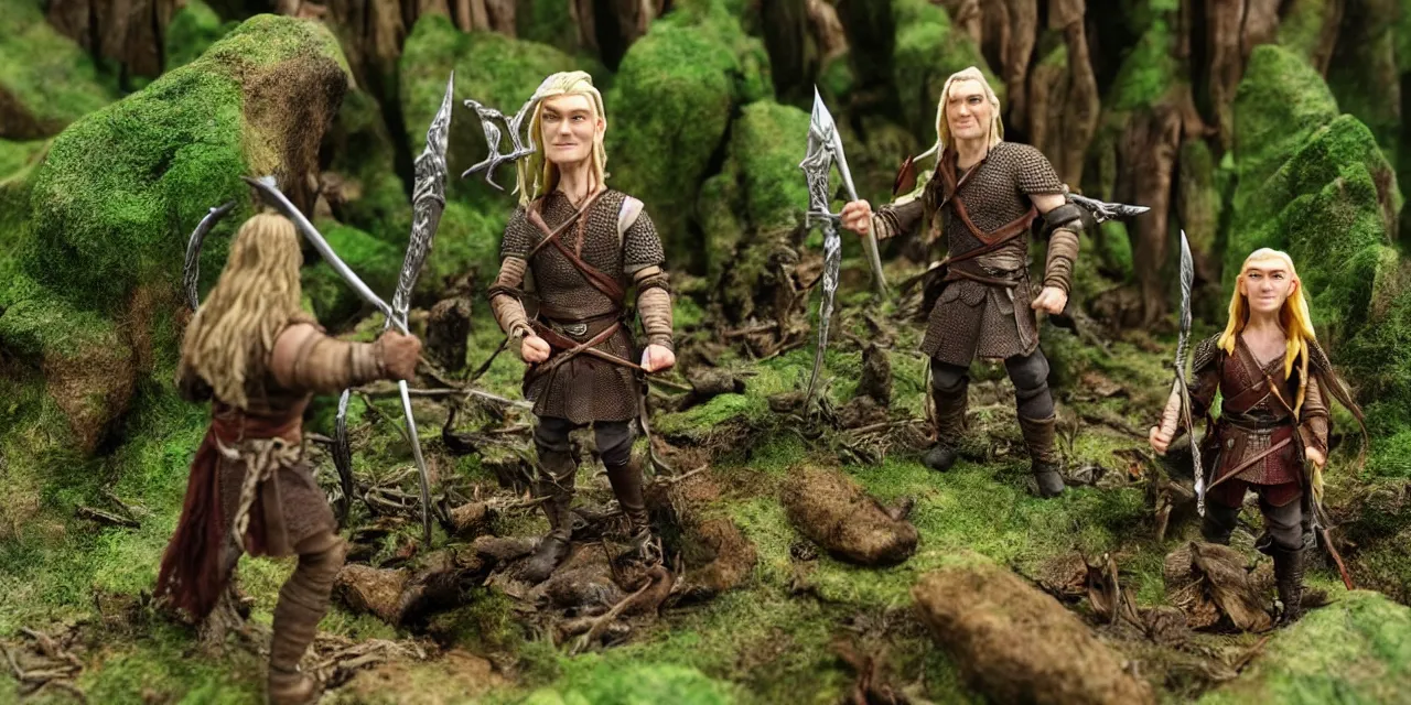 Prompt: Claymation of one Legolas and one Urukhai-warrior (LOTR), in picturesque forest diorama