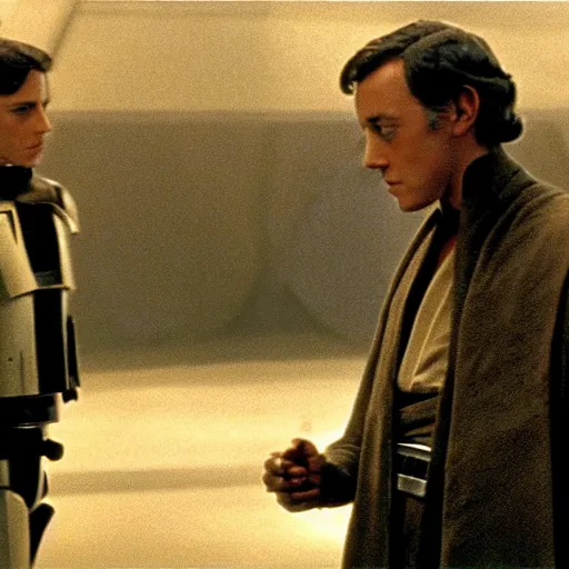 Image similar to film still of young alec guiness as a jedi in new star wars movie, he is talking to a golden droid, dramatic lighting, highley detailled face, kodak film, wide angle shot, photorealistic