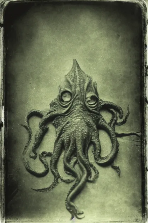Image similar to a wet plate photograph of a cthulhu monster