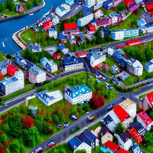 Image similar to isometric view of bodø in norway, miniature, tilt - shift, colorful, arctic