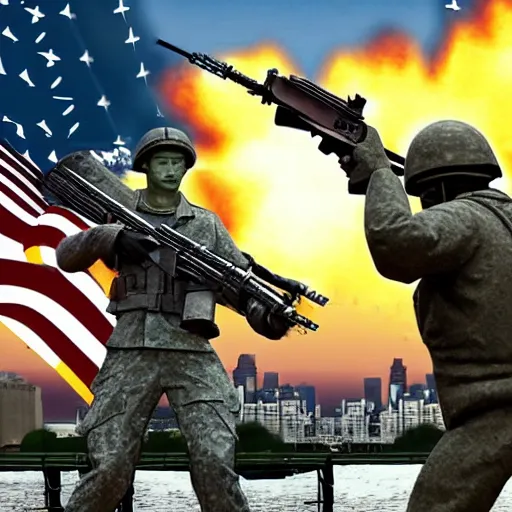 Image similar to The war between the Soviet Union and America, the action takes place in New York, far away against the background of the Statue of Liberty, a lot of soldiers and military equipment, a lot of explosions and tracer bullets, a lot of ruins, a very epic battle, The style of photography of the 80s