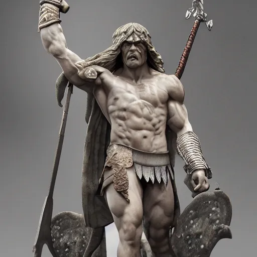 Prompt: Conan the barbarian as gloriously ornate ancient marble statue, realistic, cinematic volumetric, hyper detailed, high octane 3D render