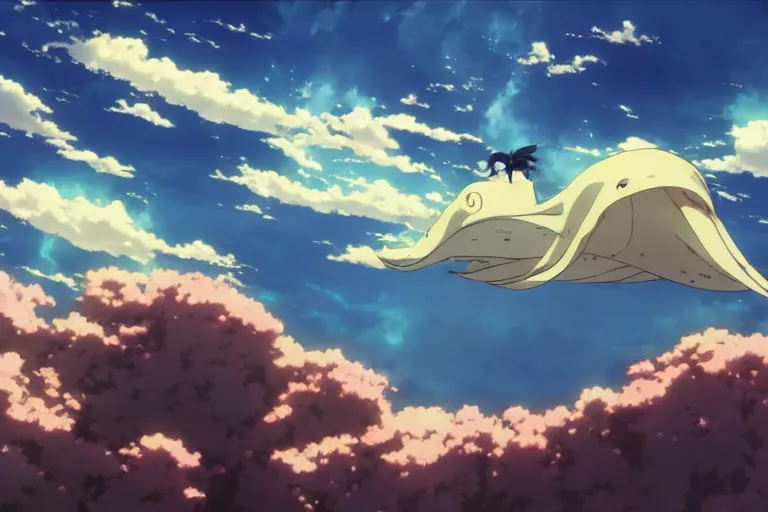 Image similar to painting of a dreamy cloudscape, a flying leviathan in the foreground, exterior wide shot, otherworldly and ethereal by kazuo oga in the anime film by studio ghibli, screenshot from the anime film by makoto shinkai