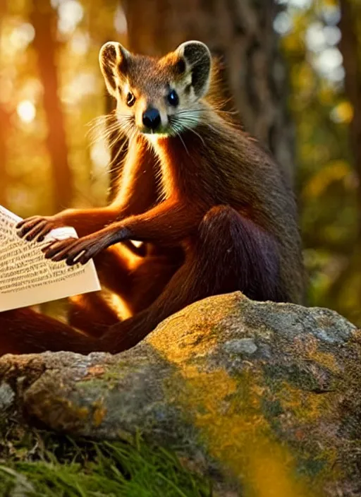 Image similar to a beautiful scene from a 2 0 2 2 fantasy film featuring a humanoid pine marten with golden eyes wearing a loose white tunic reading on a couch. an anthropomorphic pine marten. golden hour.