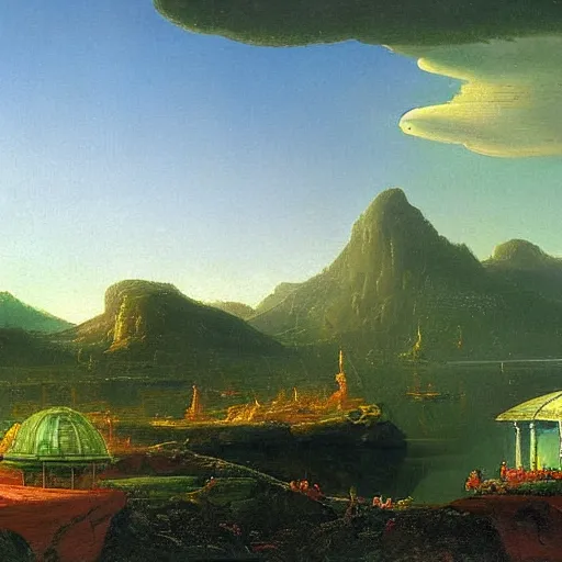 Prompt: futuristic utopian village landscape in the style of thomas cole, landscape painting, romanticism, hudson river school, realism