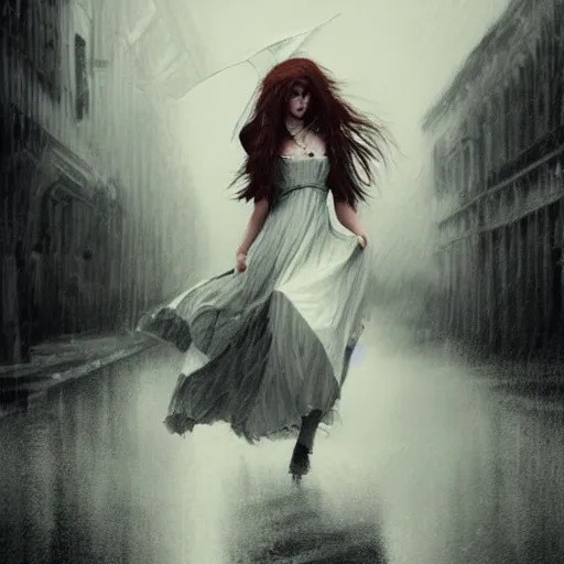 Prompt: a girl with long, flowing auburn hair dancing twirling in the rainy street. she has a long flowing black and white dress. victorian background, raining, long shot, portrait, artstation, concept art by greg rutkowski.