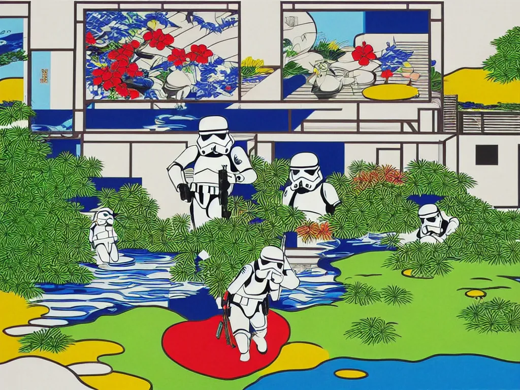 Image similar to hyperrealistic composition of the japanese home with a garden and a pond, 2 stormtroopers sitting around it, pop - art style, jacky tsai style, andy warhol style, roy lichtenstein style, rich palette, acrylic on canvas