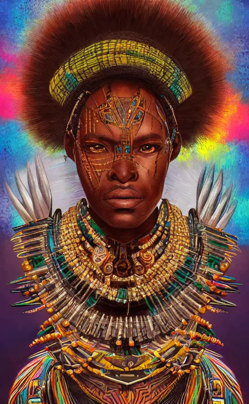 Image similar to upper half portrait digital painting of retro futuristic african tribal chief - embellished with vegetation and iridescent crystals, art by stanley artgem lau, highly detailed, digital painting, concept art, illustration, smooth sharp focus, intricate, symmetry, artstation, colourful,