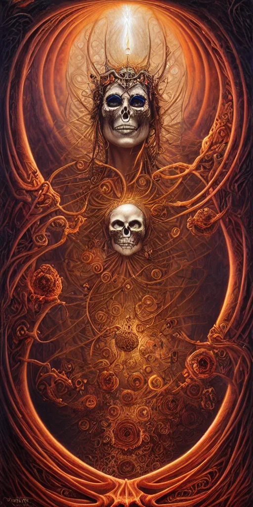 Image similar to A beautiful detailed orixa, tarot card, by tomasz alen kopera and Justin Gerard, symmetrical features, ominous, magical realism, texture, intricate, ornate, royally decorated, skull, skeleton, whirling smoke, embers, red adornements, red torn fabric, radiant colors, fantasy, trending on artstation, volumetric lighting, micro details, 3d sculpture, ray tracing, 8k, anaglyph effect