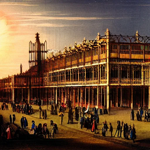 Image similar to a color photograph of the crystal palace, london exhibition of 1 8 5 1, golden hour,