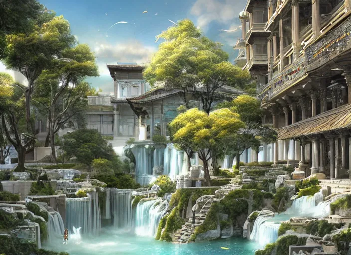 Image similar to A wide open courtyard in a beautiful elven city made of ivory, anime, Singaporean lush sakura trees, fountain, at Pamukkale, thermal waters flowing down white and gold travertine terraces, intricate, elegant, luxurious, digital painting, concept art, smooth, sharp focus, from Star Trek 2021, illustration, by WLOP and Ruan Jia and Mandy Jurgens and William-Adolphe Bouguereau, Artgerm