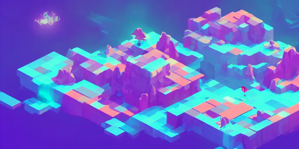 Image similar to isometric videogame screenshot, seperate floating islands, neon, space background, blocks, axure tones, ocean, clouds, mountains, plastic sheen, lensflare, sparkles, glow, shine