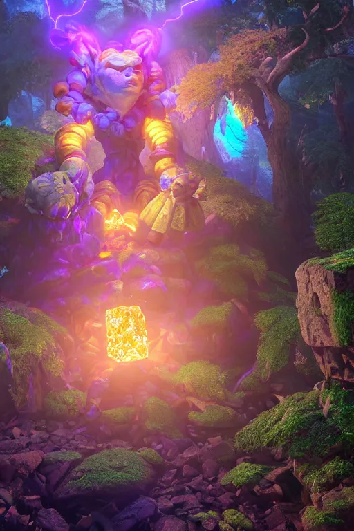 Image similar to arcane fantasy art giant golem elemental wood rock bastion forged gemstone enchanted forest troll, global illumination ray tracing hdr fanart arstation by sung choi and eric pfeiffer and gabriel garza and casper konefal lisa frank zbrush central hardmesh radiating a glowing aura