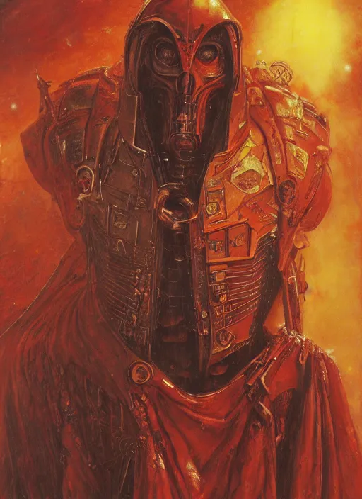 Image similar to portrait of rotten Nicolas Cage as adeptus mechanicus in red hood and robe from Warhammer 40000. Highly detailed, artstation, illustration by and John Blanche and zdislav beksinski and wayne barlowe and Gustav Klimt