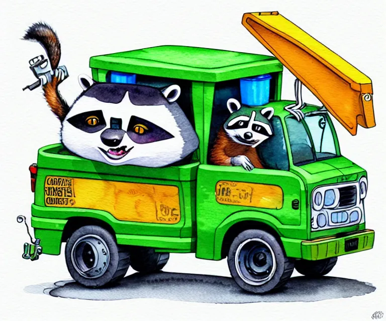 Image similar to cute and funny, racoon driving a tiny garbage truck, ratfink style by ed roth, centered award winning watercolor pen illustration, isometric illustration by chihiro iwasaki, edited by craola, tiny details by artgerm and watercolor girl, symmetrically isometrically centered