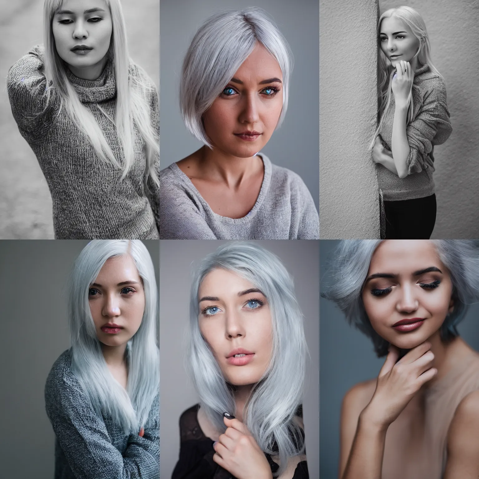 Prompt: Young beautiful woman with silver hair, medium shot, Canon EOS R3, f/1.4, ISO 200, 1/160s, 8K, RAW, unedited, symmetrical balance, in-frame