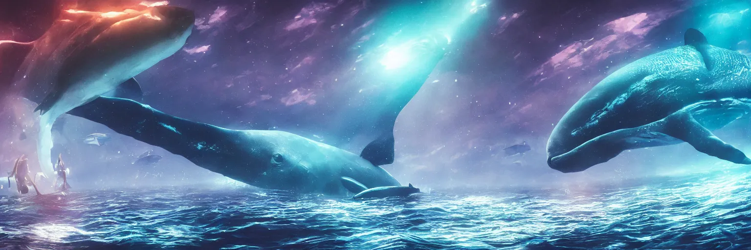 Prompt: under the ocean, fish with a glowing shadow of a giant whale, galaxy, hyper realistic, epic lighting, cyberpunk, wide angle lens