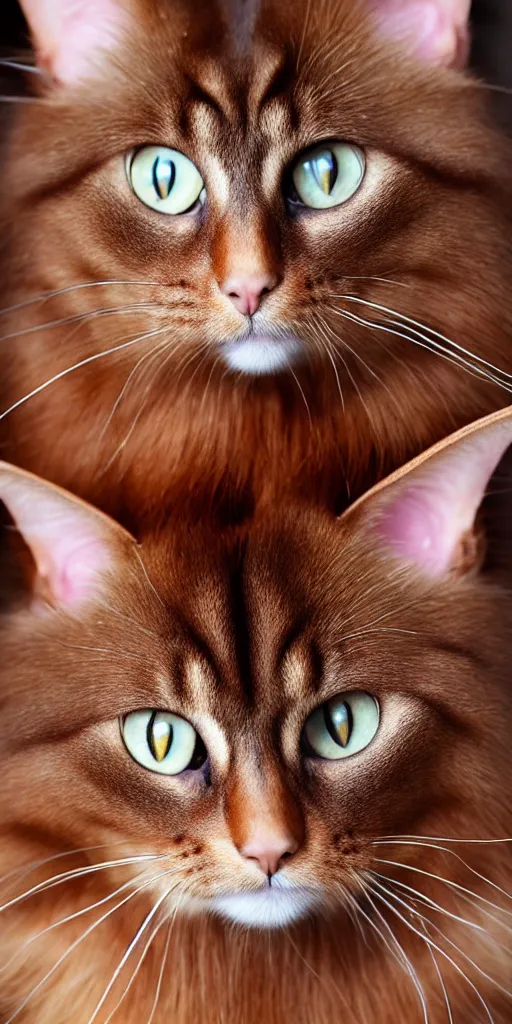 Prompt: long haired abyssinian cat, chocolate brown, hyper realistic portrait, cute