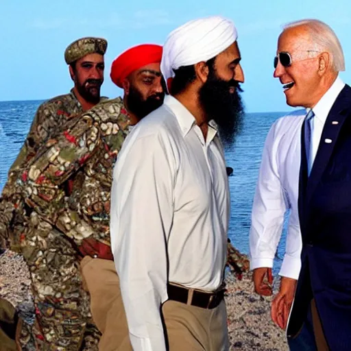 Prompt: ultra realistic candid photograph from osama bin laden with joe biden in bahamas, details intricate