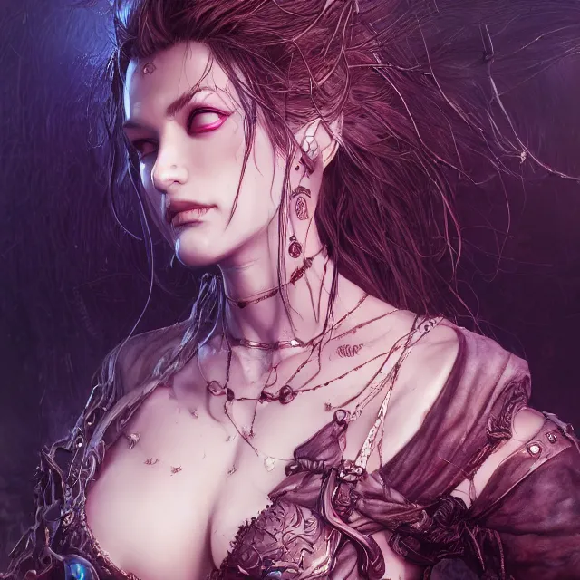 Image similar to the portrait of neutral evil fallen sensual female dark knight vagabond as absurdly beautiful, gorgeous, bloodlust, young idol, an ultrafine hyperdetailed illustration by kim jung gi, irakli nadar, intricate linework, bright colors, octopath traveler, final fantasy, unreal engine 5 highly rendered, global illumination, radiant light, detailed and intricate environment