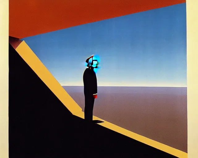 Image similar to a Magritte painting of 2001 a Space Odyssey by Stanley Kubrick