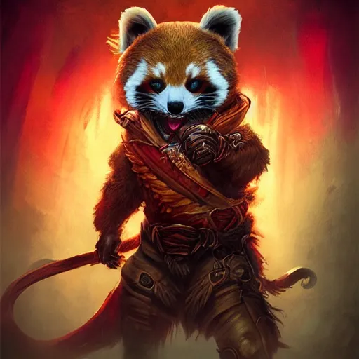 Image similar to red panda as diablo 3 character, digital illustration portrait design, by android jones and greg rutkowski, retrowave color scheme, detailed, cinematic lighting, wide angle action dynamic portrait