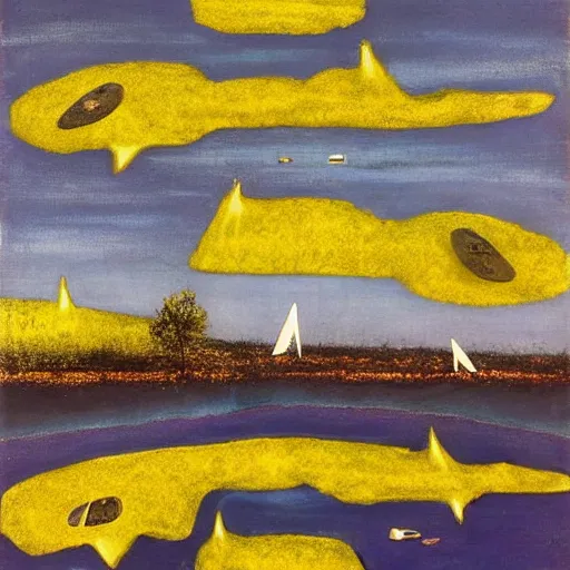 Image similar to goldenrod by sidney nolan weary. a mixed mediart of a group of flying islands, each with its own unique landscape, floating in the night sky. the islands are connected by a network of bridges. a small group of people can be seen walking along one of the bridges.