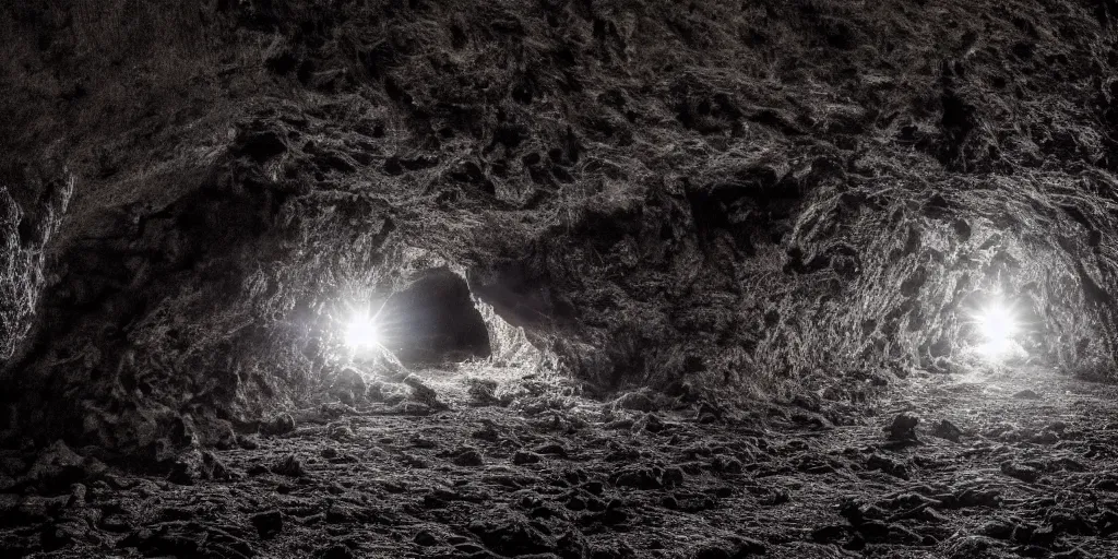 Image similar to photograph of a dark cave with reflective eyes looking back at the viewer