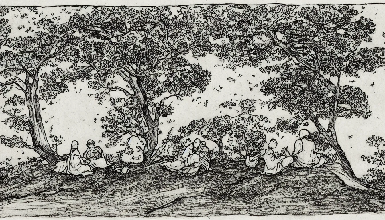 Image similar to a couple sits together on a large hill while wind blows the trees, pen and ink, 1 5 0 0 s, 8 k resolution