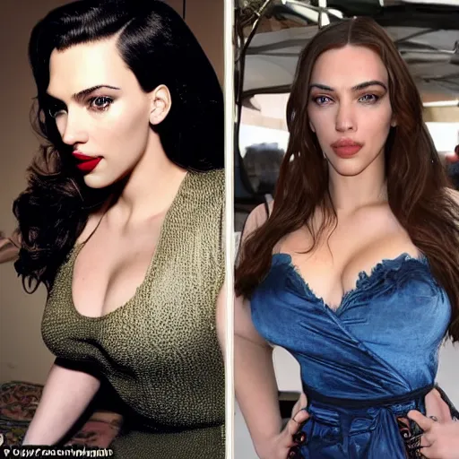 Image similar to a woman who is a genetic combination of kim kardashian and kat dennings and scarlett johansson and margot robbie and emma watson, face and upper - body focus