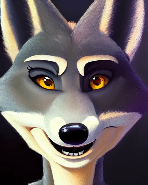 Image similar to oil painting of anthromorphic female wolf, in style of zootopia, female fursona, furry, furaffinity, 4 k, deviantart, furry art, fursona art, wearing black business suit, business suit, wolf fursona, female, very expressive detailed feminine face,