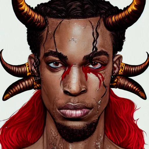 Prompt: dnd portrait of a travis scott as tiefling, male, red scales and red skin, a big black beard, completely golden eyes, 2 ram horns growing out of his forehead,