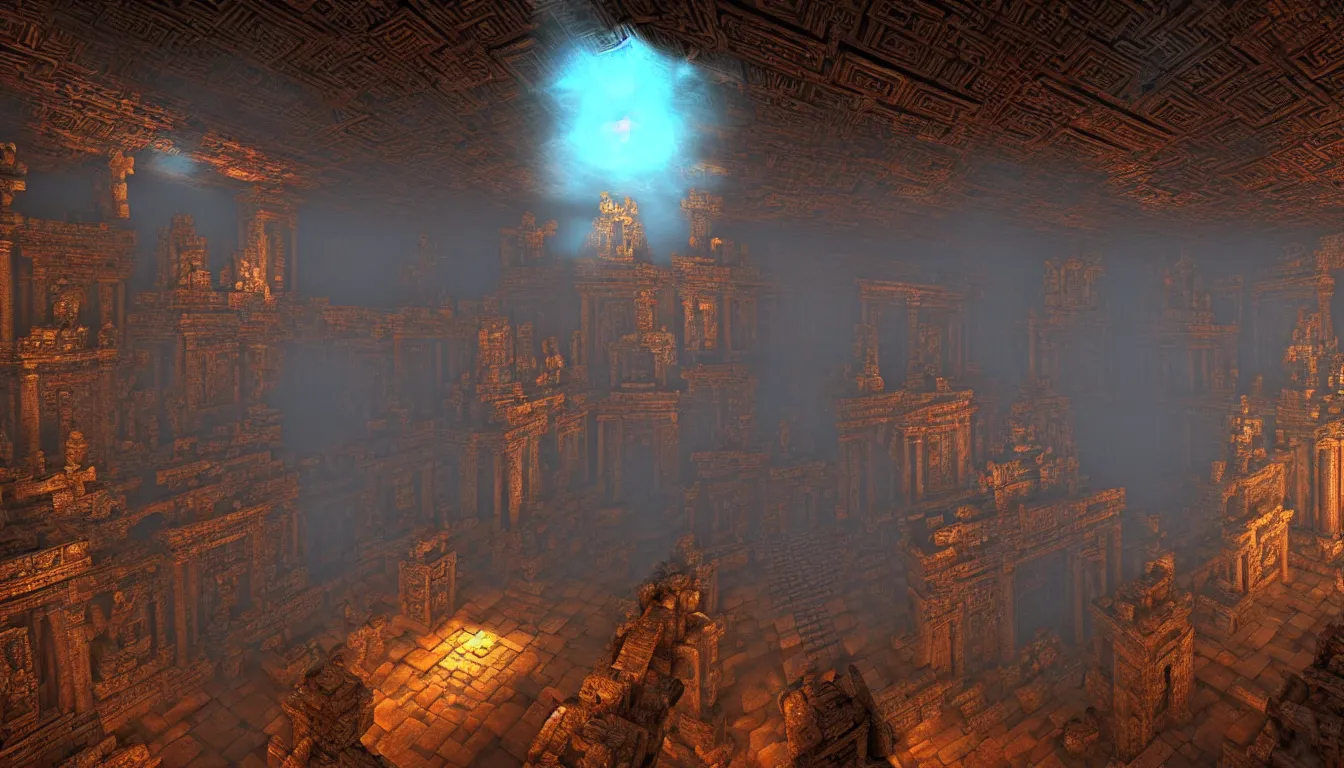 Image similar to majestic expansive ancient mayan temple halls , side-scrolling 2d platformer game level, glittering dust in the air illuminated by the dusk sun through the ceiling cracks, fantasy totem ruins with intricate mayan glyphs, volumetric light , detailed carved ornaments, rich color, upscale , 8k